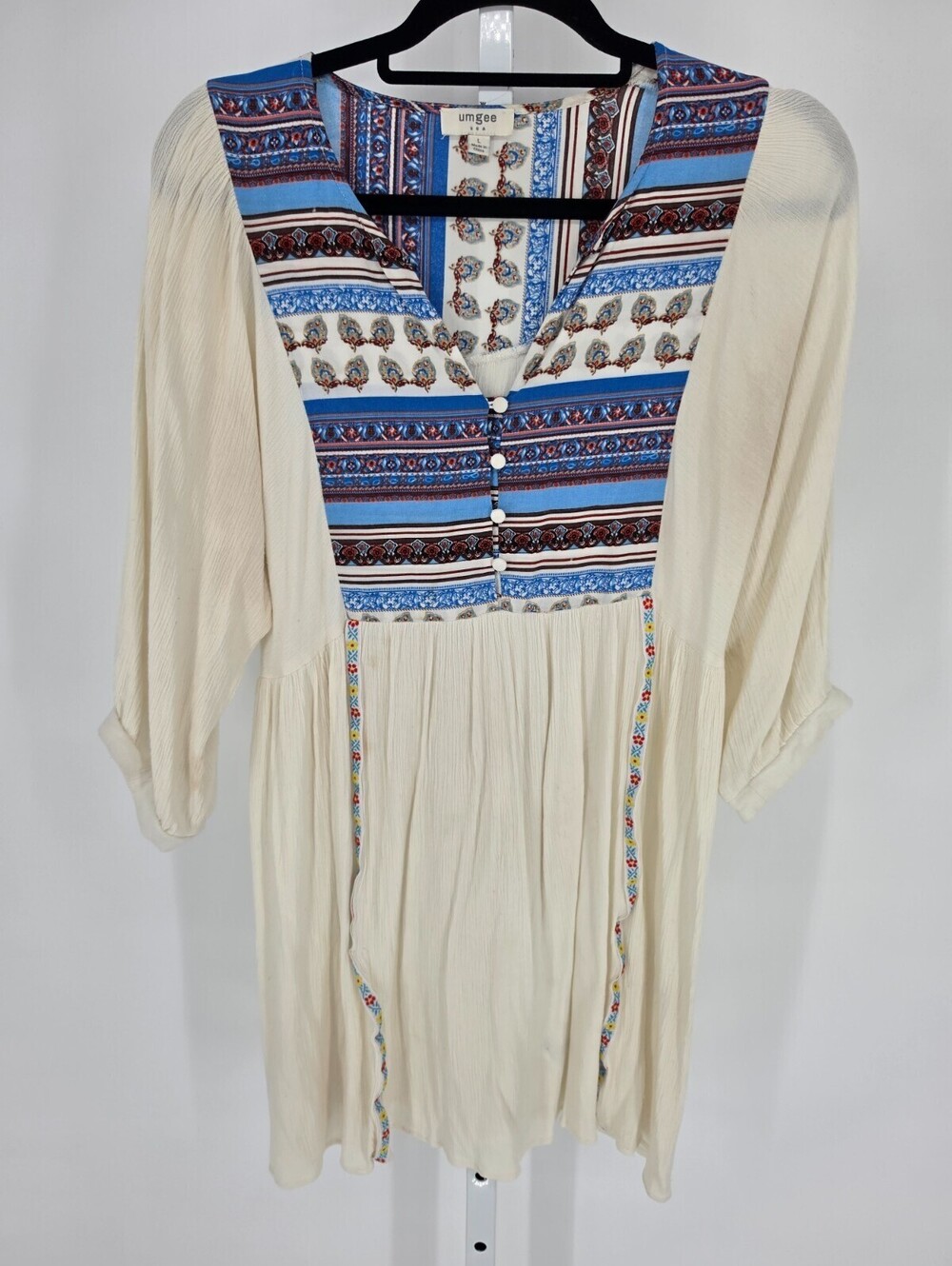 Umgee 3/4 Sleeve Above Knee Mini Dress Sz L Blue Cream Aztec Boho Print
